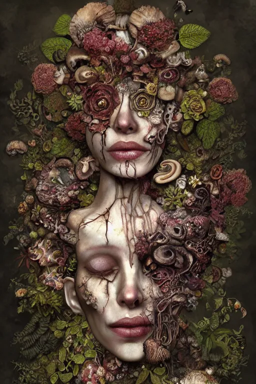 Image similar to beautiful and detailed rotten woman corpse with fractal plants and fractal flowers and mushrooms growing around, face muscles, veins, arteries, intricate, ornate, surreal, ray caesar, john constable, guy denning, dan hillier