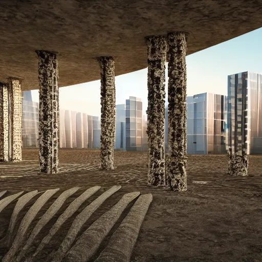 Image similar to modern buildings made out of bones, photorealistic 4 k image, landscape picture