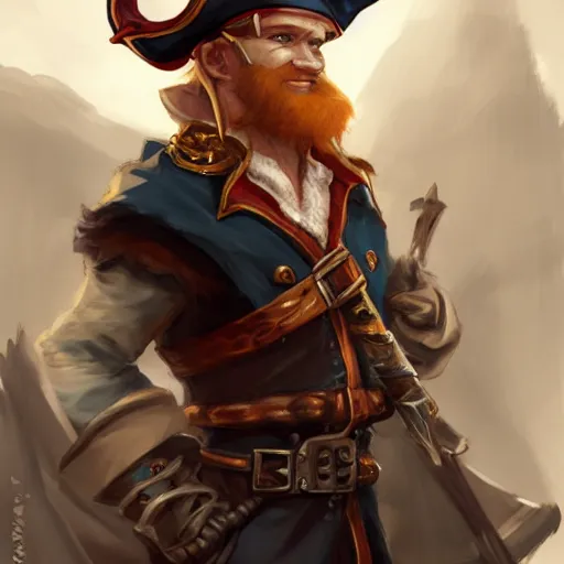 Image similar to dashing charming ginger grinning charismatic elf male rogue, wearing pirate captain's tricorne hat, naval background, amazing, trending on art station, artgerm, Greg rutkowski