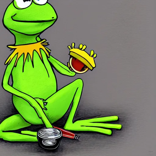 Image similar to kermit the frog interviewing a real frog on a podcast, digital art, trending on art station