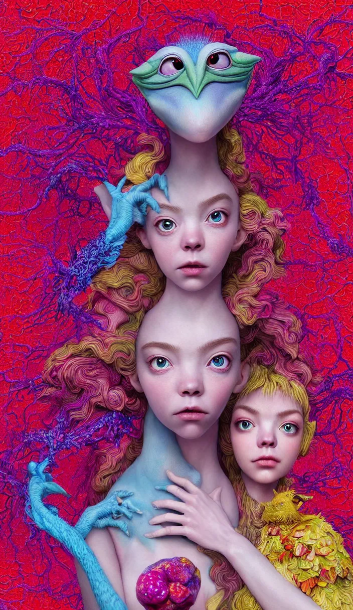 Image similar to hyper detailed 3d render like a Oil painting - kawaii portrait of two Aurora (a beautiful skeksis muppet fae princess protective playful silly from dark crystal that looks like Anya Taylor-Joy) seen red carpet photoshoot in UVIVF posing in scaly dress to Eat of the Strangling network of yellowcake aerochrome and milky Fruit and His delicate Hands hold of gossamer polyp blossoms bring iridescent fungal flowers whose spores black the foolish stars by Jacek Yerka, Ilya Kuvshinov, Mariusz Lewandowski, Houdini algorithmic generative render, Abstract brush strokes, Masterpiece, Edward Hopper and James Gilleard, Zdzislaw Beksinski, Mark Ryden, Wolfgang Lettl, hints of Yayoi Kasuma and Dr. Seuss, octane render, 8k