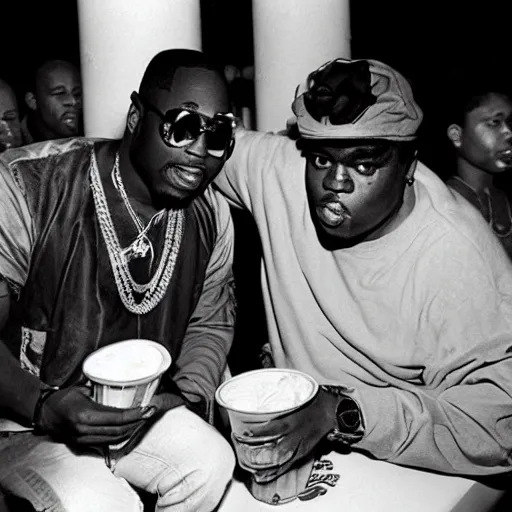 Image similar to Tupac and notorious BIG eating ice cream together at a carnival.