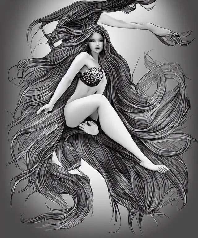 Image similar to black and white illustration, creative design, beautiful mermaid, full body, flowing hair