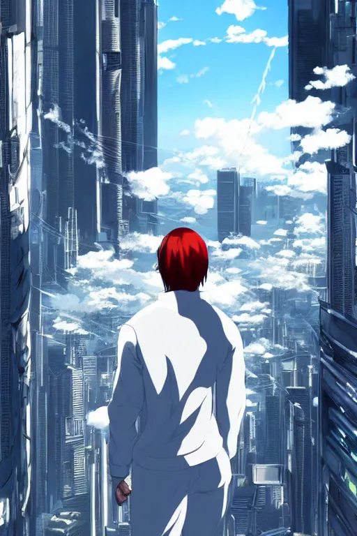 Prompt: man in white tracksuit overlooking a cyberpunk clean city, style of Mirror\'s Edge, dreamy, beautiful clouds, beautiful artwork by Makato Shinkai + Satoshi Kon, anime