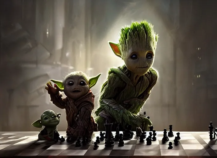 Prompt: a dramatic highly detailed render of baby groot and baby yoda playing chess, futuristic marvel and star wars vibe, by WLOP and Artgerm and Greg Rutkowski and Alphonse Mucha, Beautiful dynamic dramatic dark moody lighting, shadows, cinematic atmosphere, Artstation, concept design art, Octane render, 8K, masterpiece, sharp focus, hyperrealistic
