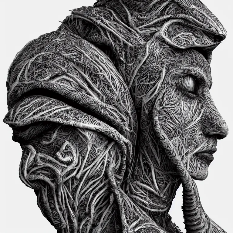 Image similar to surreal spinal ribbed tribal exotic organic face portrait of a beautiful cult member wearing occult, beautiful detailed intricate insanely detailed BW 3D render digital art, octane render, 8K artistic photography, photorealistic