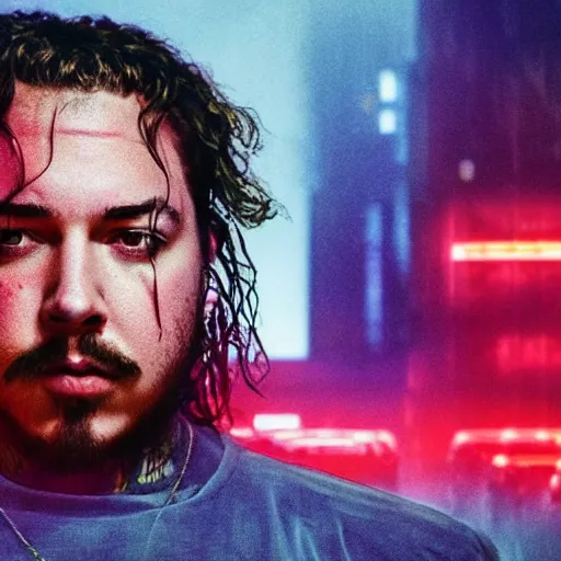 Image similar to post malone in bladerunner 2049, portrait, dramatic shot,