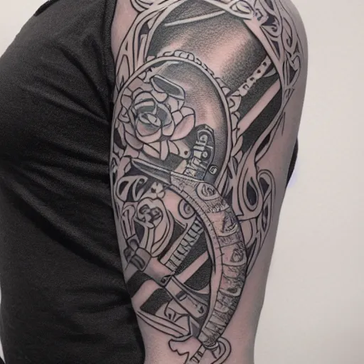 Image similar to Shark and guitar, roses and coins on the background, design in the Maori style for a tattoo