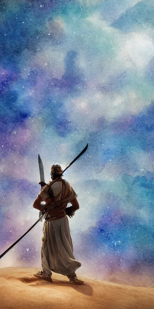 Prompt: an arab person with swords on his back standing in the desert with sky with stars in watercolor, cinematic, highly detailed wide, atmospheric lighting, muted colors