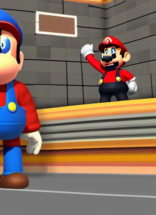 Image similar to screenshot of nintendo 64 game with mike stoklasa character, talking vhs character in background, polygonal, mario 64 inspired