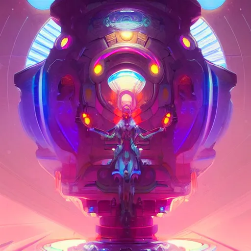 Image similar to a cybernetic temple, vaporwave aesthetic, colorful, psychedelic, digital painting, artstation, concept art, smooth, sharp focus, illustration, art by artgerm and greg rutkowski and alphonse mucha