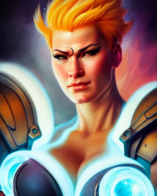 Image similar to zarya from overwatch, character portrait, portrait, close up, highly detailed, intricate detail, amazing detail, sharp focus, vintage fantasy art, vintage sci - fi art, radiant light, caustics, by boris vallejo