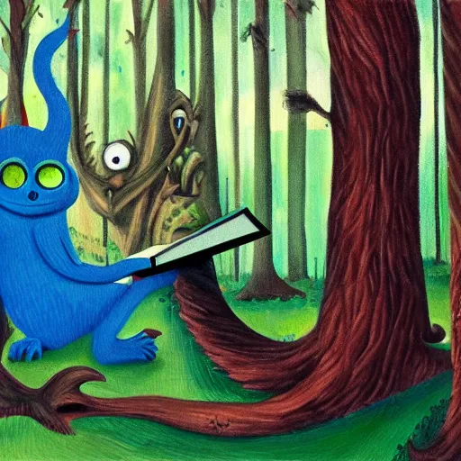 Image similar to monster reading a book in a forest, where the wild things are, bicycle nearby, oil on canvas, calm