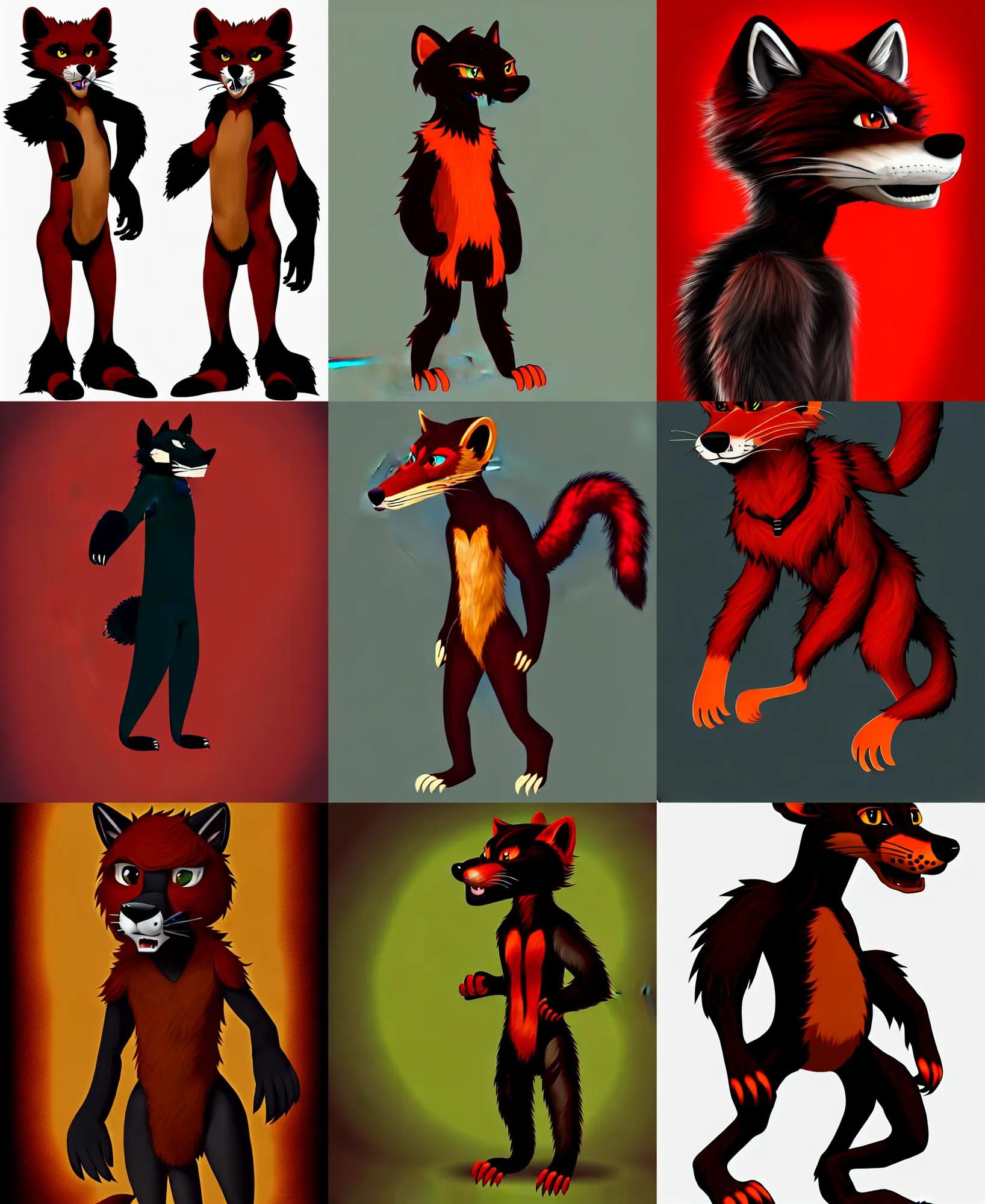 Prompt: fullbody photoshoot photo portrait of a roguish male red - black furred bipedal weasel furry fursona, photorealistic