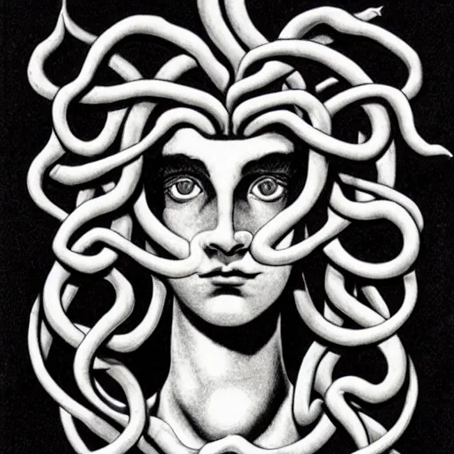 Prompt: Medusa by M.C. Escher, black and white stencil