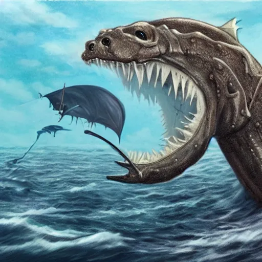 Image similar to hyper realistic sea monster with harpoons sticking out of it's skin