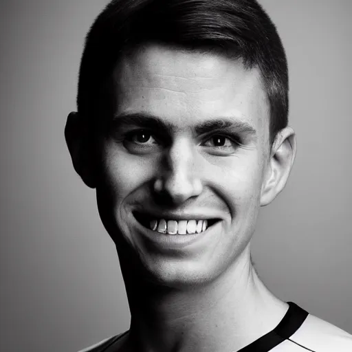 Image similar to photographic portrait by Annie Leibovitz of a young white male smiling with short brown hair that sticks up in the front, dark eyes, groomed eyebrows, tapered hairline, sharp jawline, wearing a purple white volleyball jersey, sigma 85mm f/1.4, 15mm, 35mm, 4k, high resolution, 4k, 8k, hd, full color