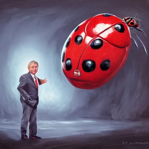 Prompt: one singular portrait of lindsey graham and a huge ladybug from nightmares. highly detailed, digital painting, cinematics, hyper realistic. dark retrowave. by stanley lau, villeneuve