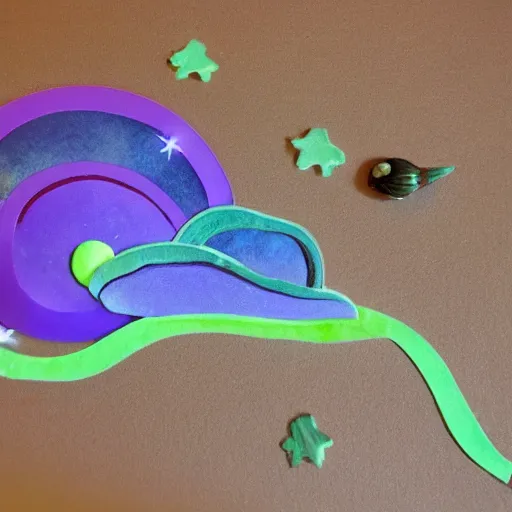 Image similar to a spaceship in the shape of a snail flying through space