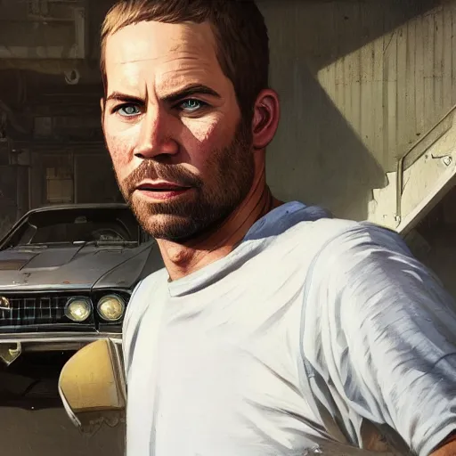 Image similar to highly detailed portrait, paul walker, in gta v, stephen bliss, unreal engine, fantasy art by greg rutkowski, loish, rhads, ferdinand knab, makoto shinkai and lois van baarle, ilya kuvshinov, rossdraws, tom bagshaw, global illumination, radiant light, detailed and intricate environment