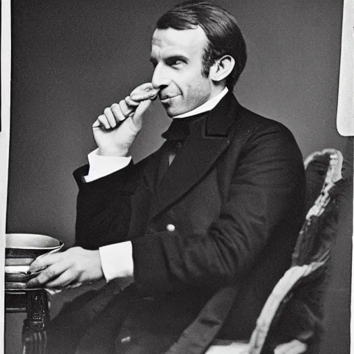 Image similar to emmanuel macron as a president of france eating a french baguette, 1 8 5 0 s style