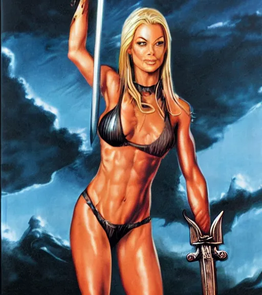 Prompt: 1 9 8 0 s fantasy novel book cover, amazonian jaime pressly in extremely tight bikini armor wielding a cartoonishly large sword, exaggerated body features, dark and smoky background, low quality print