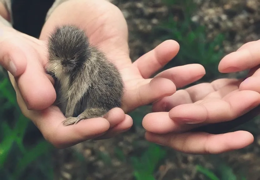 Prompt: a tiny creature resting in the palm of your hand. giant hand, little critter. sleepy, calm, relaxed, tranquil, 😴😪