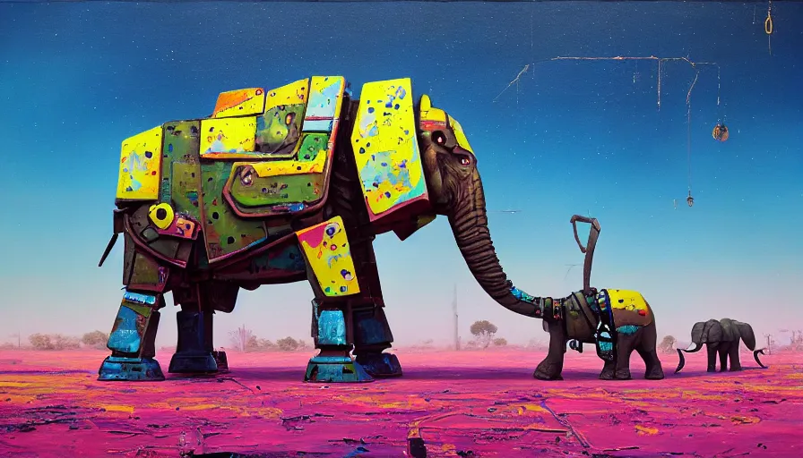 Image similar to an intricate oil painting of a giant south african armored elephant shaped scrap metal mecha by simon stalenhag, pink, yellow and cyan paint decals