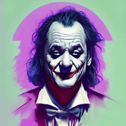 Image similar to bill murray as the joker, highly detailed vfx portrait, unreal engine, greg rutkowski, loish, rhads, caspar david friedrich, makoto shinkai and lois van baarle, ilya kuvshinov, rossdraws, elegent, tom bagshaw, alphonse mucha, global illumination, detailed and intricate environment.