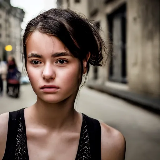Prompt: portrait of an beautiful 20-year-old woman model street portrait award winning 50 mm