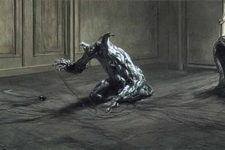 Image similar to ring wraith sniffing the ground, movie still, ultra realism, very detailed, style of francis bacon