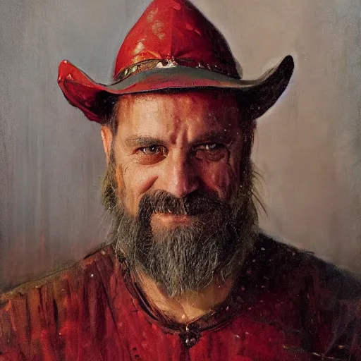 Image similar to Solomon Joseph Solomon and Richard Schmid and Jeremy Lipking victorian genre painting portrait painting of a old rugged movie actor medieval knight character in fantasy costume, red background