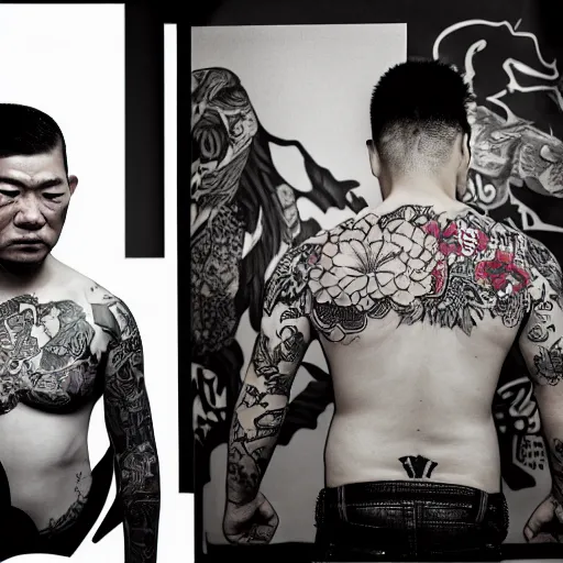 Prompt: A portrait of a tough looking member of the Yakuza, with many tatoos with the motive of My Little Pony, professional portrait photography