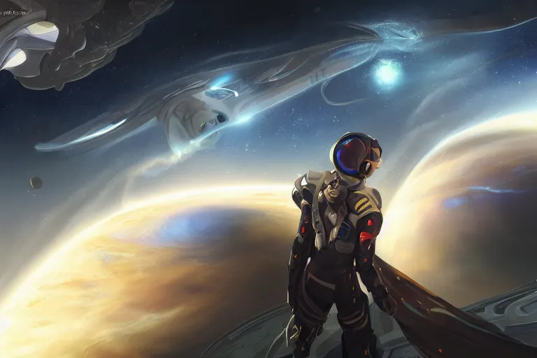 Image similar to character design, a pilot back turned, holding a helmet, pterosaur styling on the space suit, kanji insignia and numbering, Raymond Swanland and Jessica Rossier nebula like clouds in space background near a ringed gas giant, hyper detailed hyper detailed, 8k, ultra realistic, cinematic lighting, ultra wide 35mm lens, Boeing Concept Art, Lockheed concept art