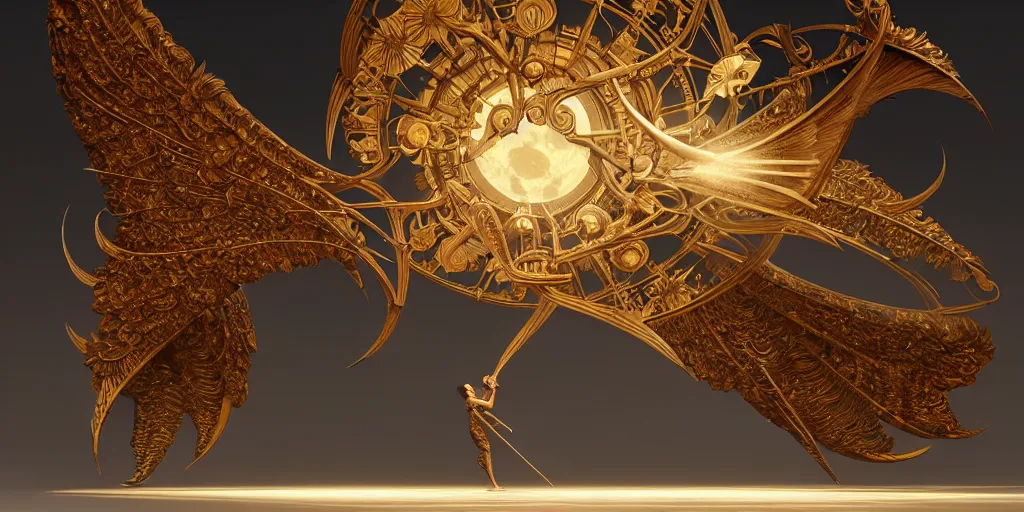 Image similar to beautiful physical hyper detailed render of a huge mega moon bow weapon, symmetric, the style of louis comfort tiffany, pascal blanche, zigor samaniego, paul pepera, ellen jewett, weapon design, perfect shadow, mechanics, feather, wing, exquisite, crystal, structure, c 4 d, 3 d render, unreal engines, atmospheric lighting, 4 k hd