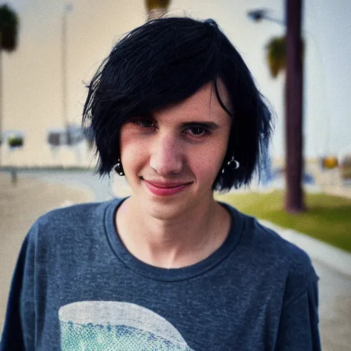 Prompt: softblur portrait of a highschool senior with middle long black hair, shaven face, silver earring, violet tight tanktop, he is smirking into the camera for a cover of a gay print magazine, agfa akurit, street photography, lomography, beach, blurred, skateboard