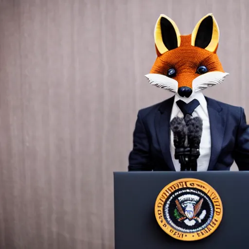 Image similar to a fox animal dressed in a suit giving a presidential press conference, 8 5 mm f / 1. 4