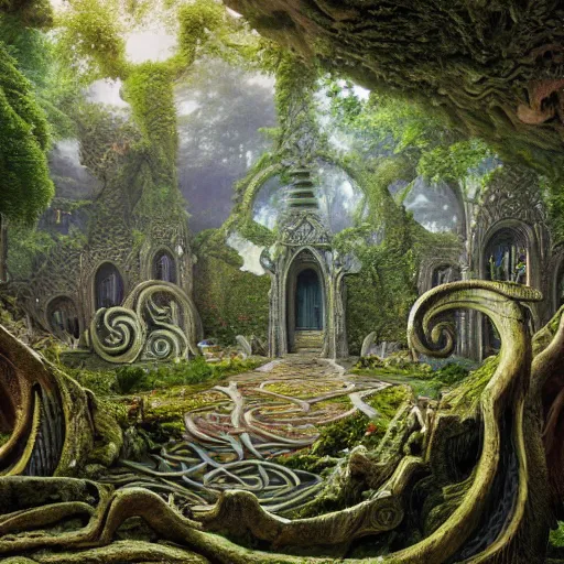 Prompt: a beautiful and highly detailed matte painting of an elven temple in a magical fantasy garden in a lush forest in the mystical mountains, wooden celtic knots, carved stone runes, intricate details, epic scale, insanely complex, 8 k, sharp focus, hyperrealism, very realistic, by caspar friedrich, albert bierstadt, james gurney, brian froud,