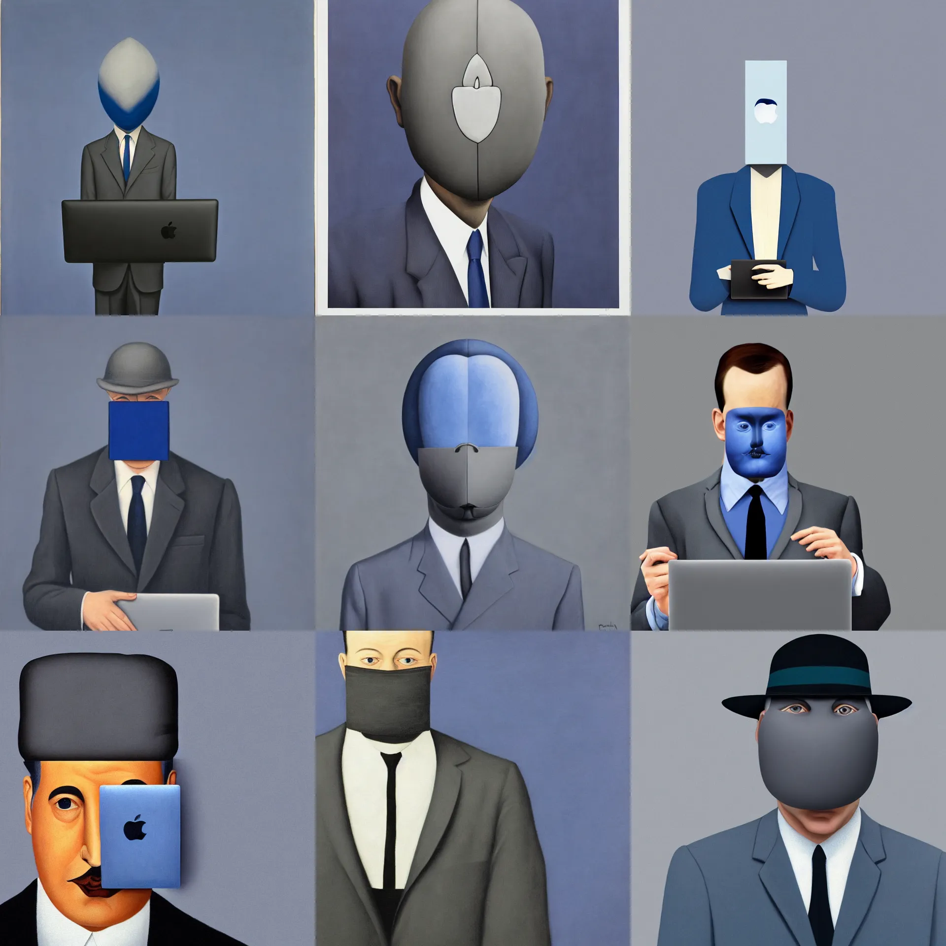 Prompt: front view portrait of a man with a macbook laptop covering his face, wearing dark grey suit, blue / grey background, painted by rene magritte
