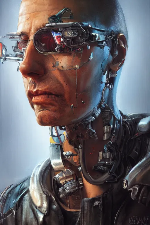 Image similar to illustration of an male cyberpunk character wearing bionic implants, criminal mugshot, gritty, gritty, highly detailed, oil on canvas, soft lighting, pastel colors, by WLOP and Greg Staples, HD, 4K