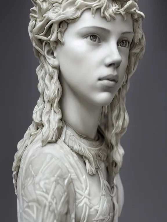 Image similar to a dramatically lit art nouveau white marble and silver portrait sculpture of a very young scarlett johansson as joan of arc, delicate, intricate, smooth, beautiful, glowing, by charles van der stappen