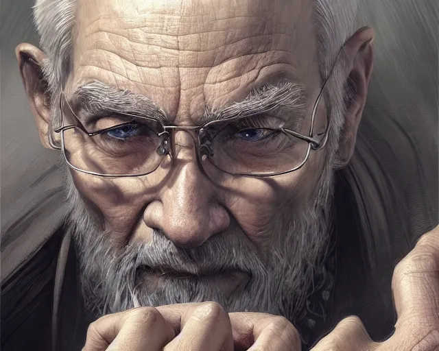 Image similar to old man with rings on all his fingers, deep focus, d & d, fantasy, intricate, elegant, highly detailed, digital painting, artstation, concept art, matte, sharp focus, illustration, hearthstone, art by artgerm and greg rutkowski and alphonse mucha