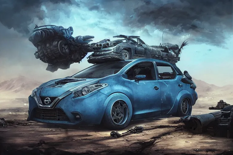 Prompt: a Nissan Tiida, in Mad Max style, coriolios rpg art style, full of details, dark sci-fi, cold blue colors, matte painting, artstation, 8k, hyperrealistic, style of peter mohrbacher