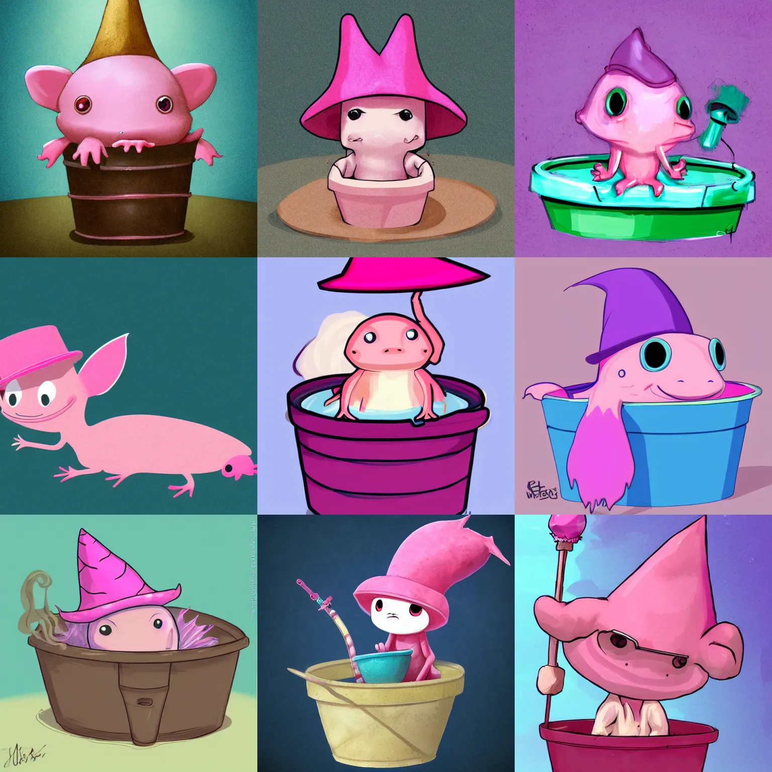 Prompt: pink axolotl in a bucket wearing a wizard hat, cartoon, cute, trending on artstation, digital art