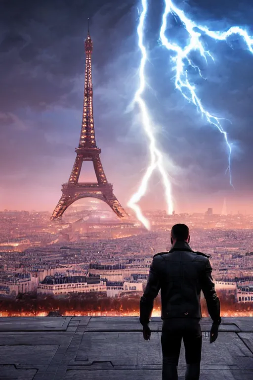 Image similar to in the foreground Paris, in the background a dark-haired man from behind playing with lightning coming out of his hands wearing a long matrix-style jacket, realistic, high definition, many details, dramatic scene, symmetrical face, realistic eyes, cyberpunk art 2077