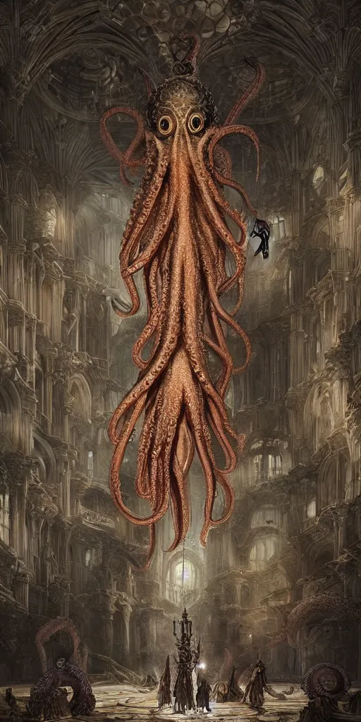 Prompt: group of mankind species mages with enormous translucent octopus heads floating around inside an ancient mage castle hall colossal scale, gothic and baroque, brutalist architecture, ultradetailed, intricate details by Ellen Jewett and Ayami Kojima