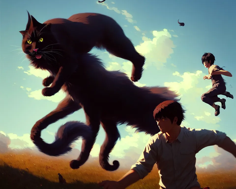 Prompt: a ultradetailed beautiful panting of a man chased by a giant cat, a very scary photo, by ilya kuvshinov, greg rutkowski and makoto shinkai, trending on artstation