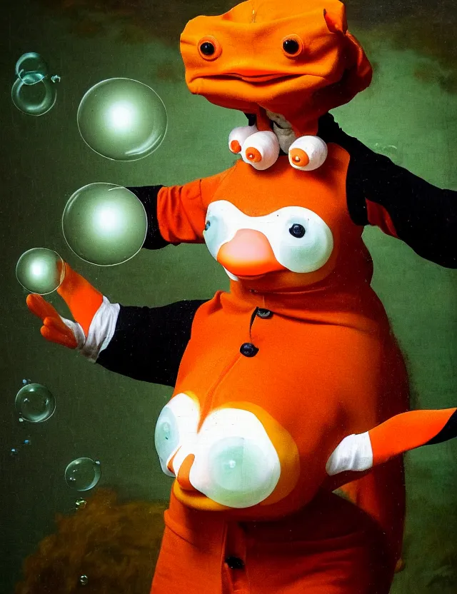 Prompt: an anthropomorphic bipedal clownfish that is dressed in librarian worker garb, in the style of a renaissance oil painting by rembrandt, as a standing fullbody humanoid shot, medieval, bright, bubbles, extremely detailed, sharp focus