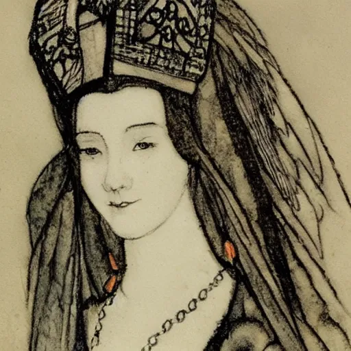 Image similar to Anne Boleyn half-bird half-woman, style of Arthur Rackham, detailed