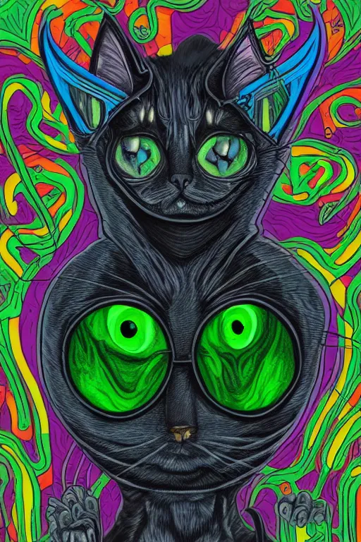 Prompt: a detailed image of a wandering mage cat alien extraterrestrial hybrid wearing a dark void cloak in the style of kubrick and norman rockwell and escher, magick, occult, magic, colorized, vivid neon colors, - n 4